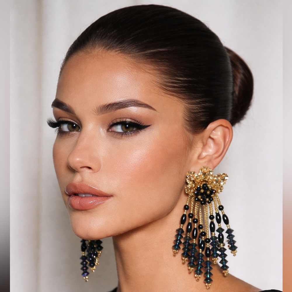 Vintage Handmade Beaded Statement Earrings Gold Black Iridescent Fringe